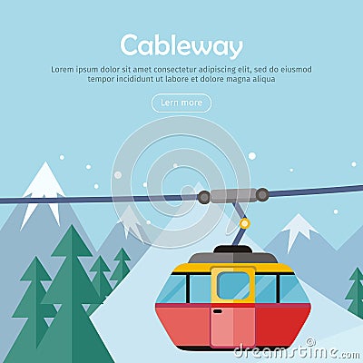 Cableway on Mountain Landscape. Web Banner Poster Vector Illustration