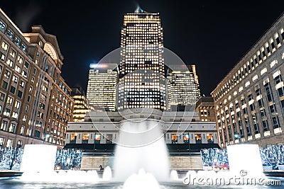 Cabot Square at night Stock Photo