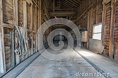 Cabri, SK/Canada- July 23, 2019: The interior of an abandoned grain elevator in Saskatchewan, Canada Editorial Stock Photo