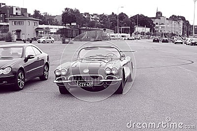 Cabriolet on parking. Black and white Editorial Stock Photo