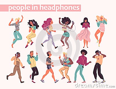 Young stylish people listening to music in headphones and earphones isolated. Multiethnic group. Vector Illustration