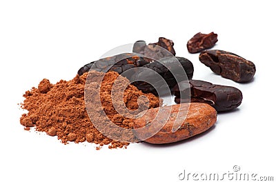 Cacao beans and cacao powder Stock Photo