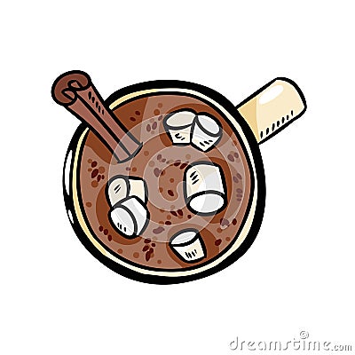 Cacao hot chocolate with marshmallow cute image. Hand drawn cartoon style cozy clip art Vector Illustration