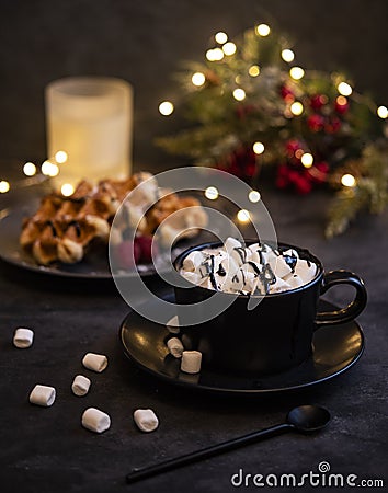 Cacao marshmellow belgian waffels candles christmas hugge cozy home Stock Photo