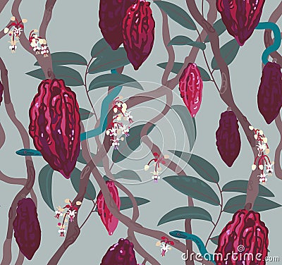 Cacao tree with cocoa beans, flowers and leaves on neutral light blue background. Hand drawn vector seamless pattern Vector Illustration