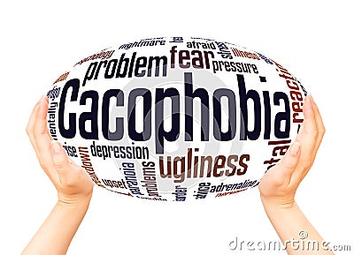 Cacophobia fear of ugliness word cloud and hand with marker concep Stock Photo