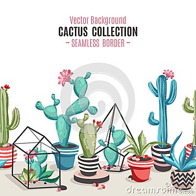 Cacti flower seamless border. Vector Illustration