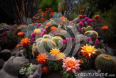 cacti garden with unexpected blooms of vibrant colors Stock Photo