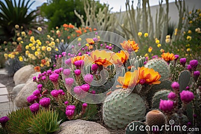 cacti garden with unexpected blooms of vibrant colors Stock Photo
