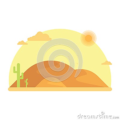 Cacti grow among the dunes. Hot desert under the bright sun. Vector Illustration