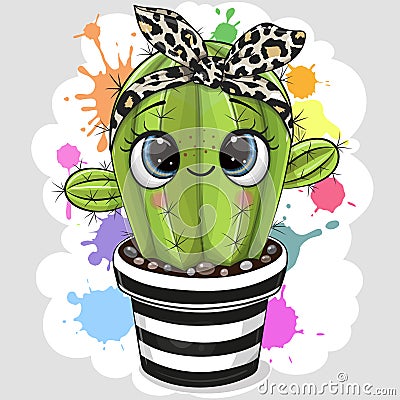 Cactus with bow with eyes on the blobs background Vector Illustration