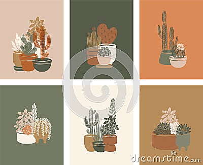 Cactus cards collection. Succulent art print set. Vintage hand drawn style. Vector illustration Vector Illustration