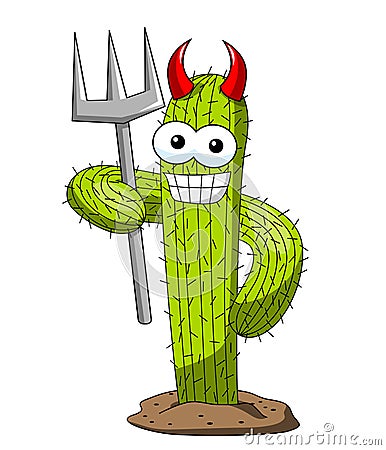 Cactus cartoon funny character vector devil costume trident horned isolated Vector Illustration