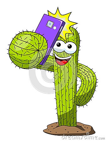 Cactus cartoon funny character vector smartphone selfie portrait isolated Vector Illustration