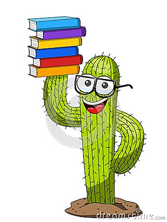 Cactus character mascot cartoon pile books vector isolated Vector Illustration