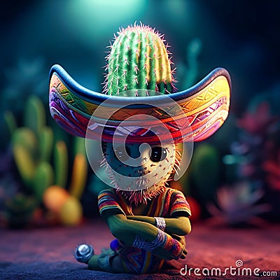 Cactus character wearing sombrero realistic photog, Stock Photo