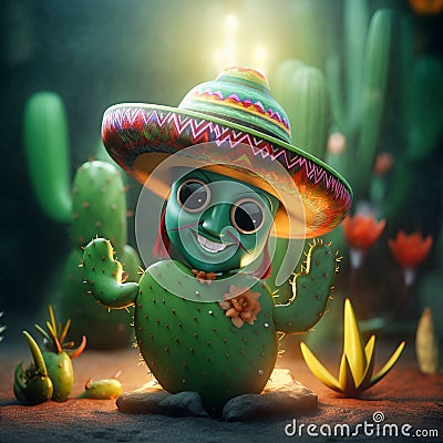 Cactus character wearing sombrero realistic photog, Generative AI Stock Photo