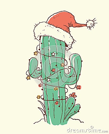 Cactus christmas red Santa hat .Vector color hand drawn illustration Vector Illustration