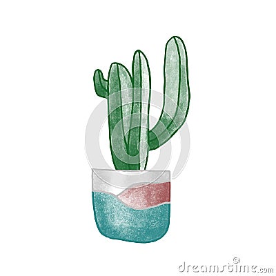 Cactus in clay pot hand drawn vector illustration. Home plant, room interior item, coziness attribute. Succulent in Vector Illustration