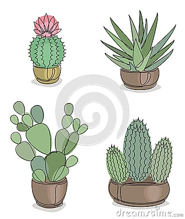 Cactus collection. Indoor potted plant in modern trendy single line style. Solid line, outline for decor, posters, stickers, logo. Vector Illustration