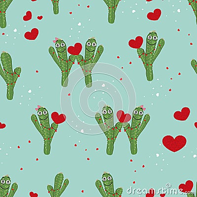 Cactus couple holding shining red hearts. Cactus and heart seamless pattern for textile design. Happy Valentine`s day Vector Illustration