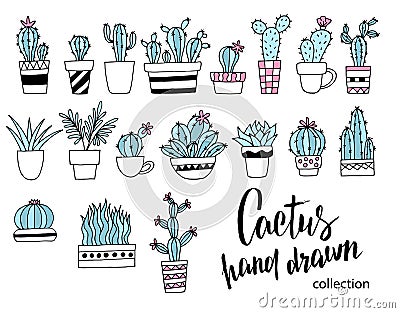 Cactus doodle set. Hand drawn vector illustration, sketch collection of house plants. Design elements. Vector Illustration