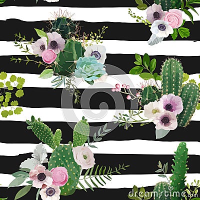 Cactus and Flowers Seamless Pattern. Exotic Tropical Summer Botanical Background. Vector Illustration