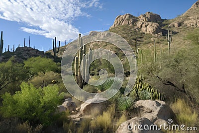 cactus forest with towering saguaros and other plants in the background Stock Photo