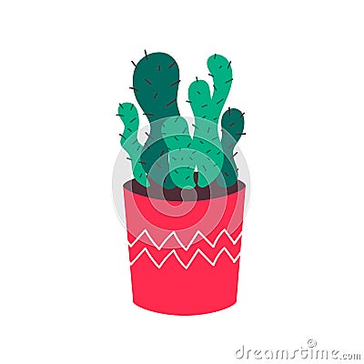 Cactus grows in a pot.Decorative indoor plant with green leaves in a pot.Prickly cartoon cactus.Flat vector illustration Vector Illustration