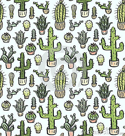 Cactus hand-drawn seamless pattern Vector Illustration