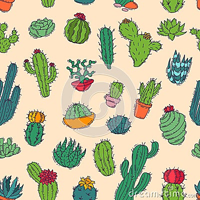 Cactus home nature handmade illustration of green cactus in bow plant cactaceous tree with flower different sorts and Cartoon Illustration