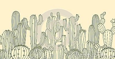 Cactus horizontal poster or background doodle ornament succulent desert plants linear cacti vector Vector Illustration
