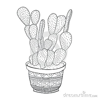 Cactus houseplant Illustration. Opuntia Vector line art. Adult coloring book page. Vector Illustration