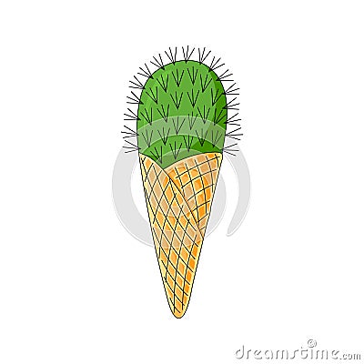 Cactus ice cream. Funny ice cream. Succulent in cartoon style. white background. Hand drawing. Vector illustration. Vector Illustration