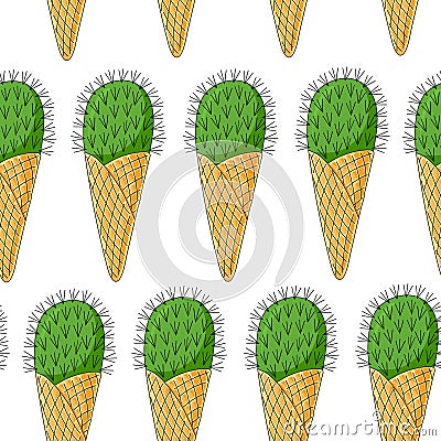 Cactus ice cream in the horn. Seamless pattern. White background. Hand drawing. Vector illustration. Vector Illustration