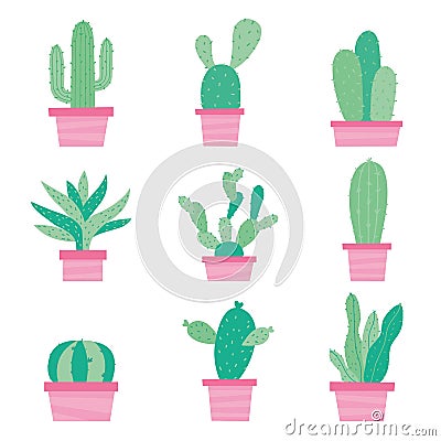 Cactus Icon Flat Design Element Plants Pot Flower Prickle Cartoon Vector Vector Illustration