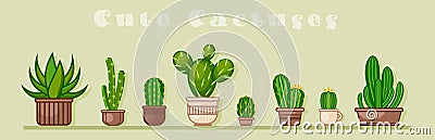 Cactus icons in a flat style on background. Home plants cactus in pots and with flowers. A variety of decorative cactus Vector Illustration