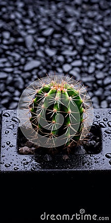 Stunning Tabletop Photography: Tiny Cactus On Black Shingle Stock Photo