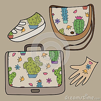 Cactus leather concept. Hand drawn handbags, shoes and gloves made from cactus lether. Eco-Friendly product. Vector Illustration