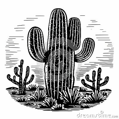 Cactus Linocut Woodcut Print - Vintage Style Desert Vector Stock Photo