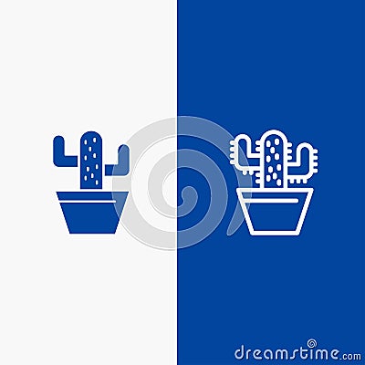 Cactus, Nature, Pot, Spring Line and Glyph Solid icon Blue banner Line and Glyph Solid icon Blue banner Vector Illustration