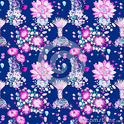 Cactus with pink flowers, succulents, stones, seamless pattern design on dark blue background Cartoon Illustration