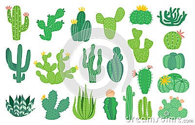 Cactus plant. Cartoon decorative exotic succulent, tropical desert plant. Vector mexican aloe isolated set Vector Illustration