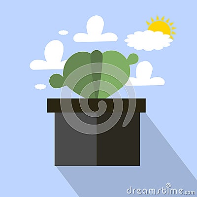 Cactus plant potted on white clouds orange sun Stock Photo