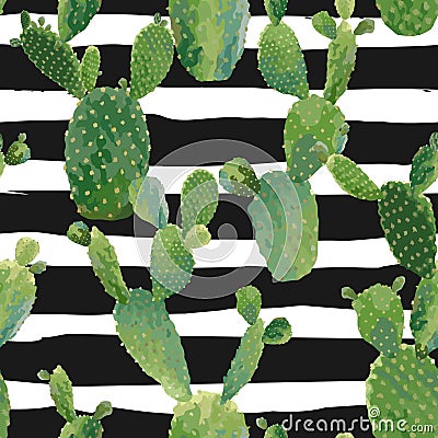 Cactus Plant Seamless Pattern. Exotic Tropical Summer Botanical Background Vector Illustration