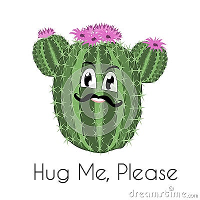 Cactus print with funny cactus in vector. Postcard `Hug me please` Vector Illustration