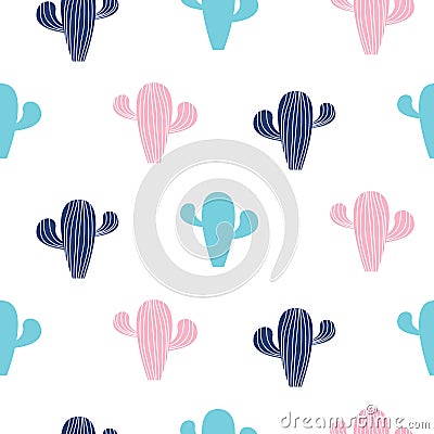 Cactus print vector seamless pattern pink and blue colors. Vector Illustration