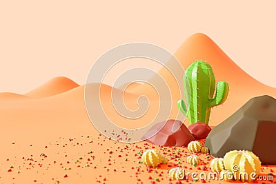 Cactus and rocks on the sweltering desert in the western country. Cartoon Illustration