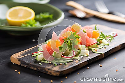 cactus salad with grapefruit segments on a slate board for a citrus twist Stock Photo