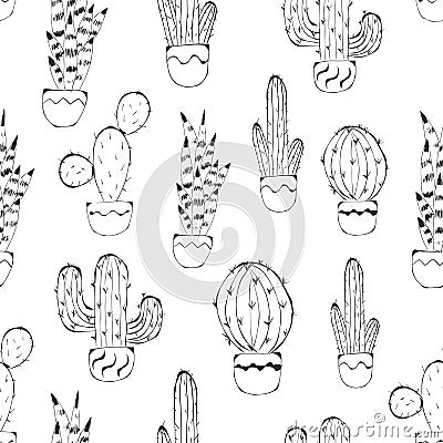 Cactus seamless pattern. Hand drawn cactus lineart. Home plants succulents black and white pattern. Doodle with cute Vector Illustration